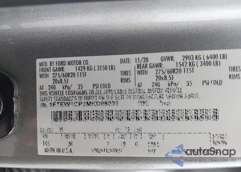 2021 Ford F-150 Xl из США, поврежденный, VIN 1FTEW1CP3MKD08003